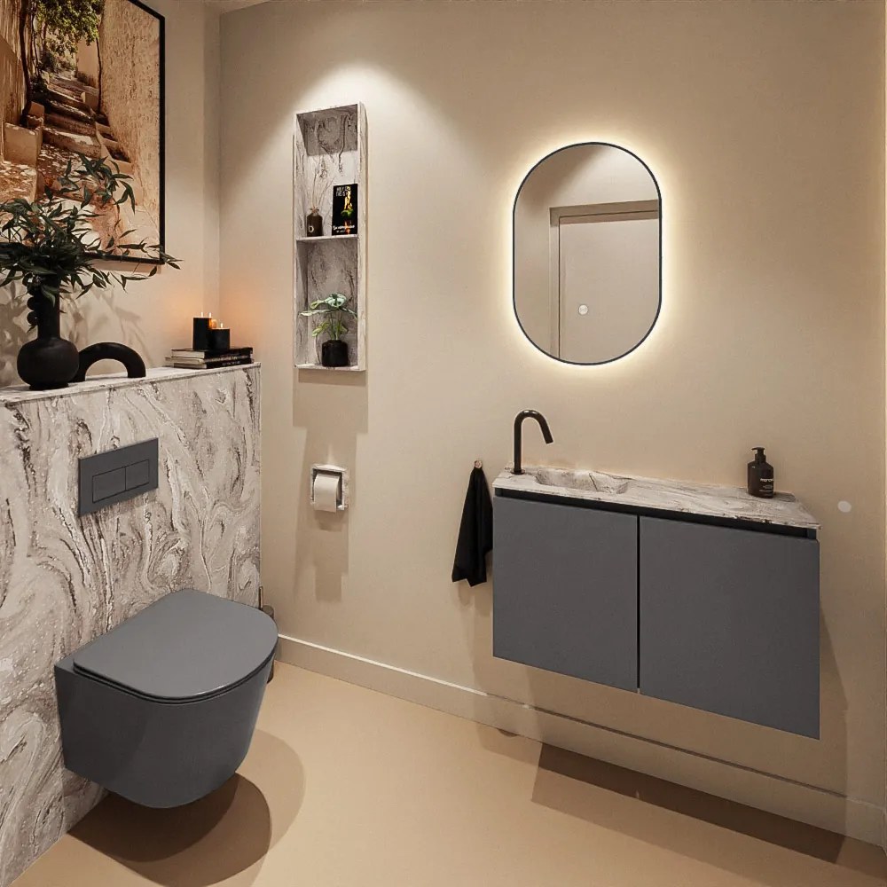 Mondiaz Ture DLux toiletmeubel 80cm dark grey met wastafel glace links met kraangat