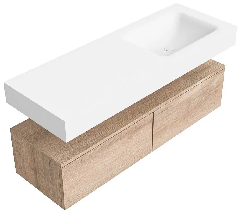 Zaro Alan badmeubel 130cm washed oak 2 lades met vrijhangende wastafel cloud rechts 1 kraangat talc