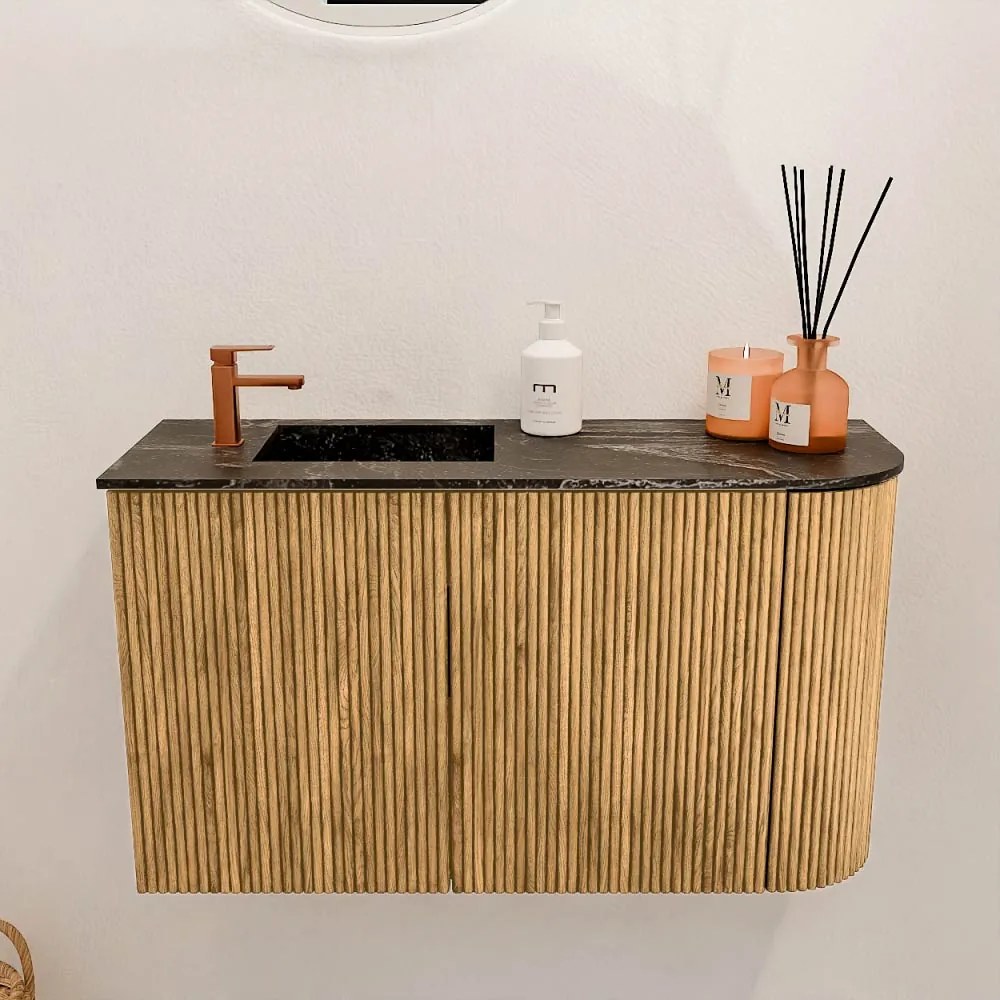 Mondiaz Joya DLux 70cm toiletmeubel ronding rechts oak met wastafel faye links 1 kraangat lava