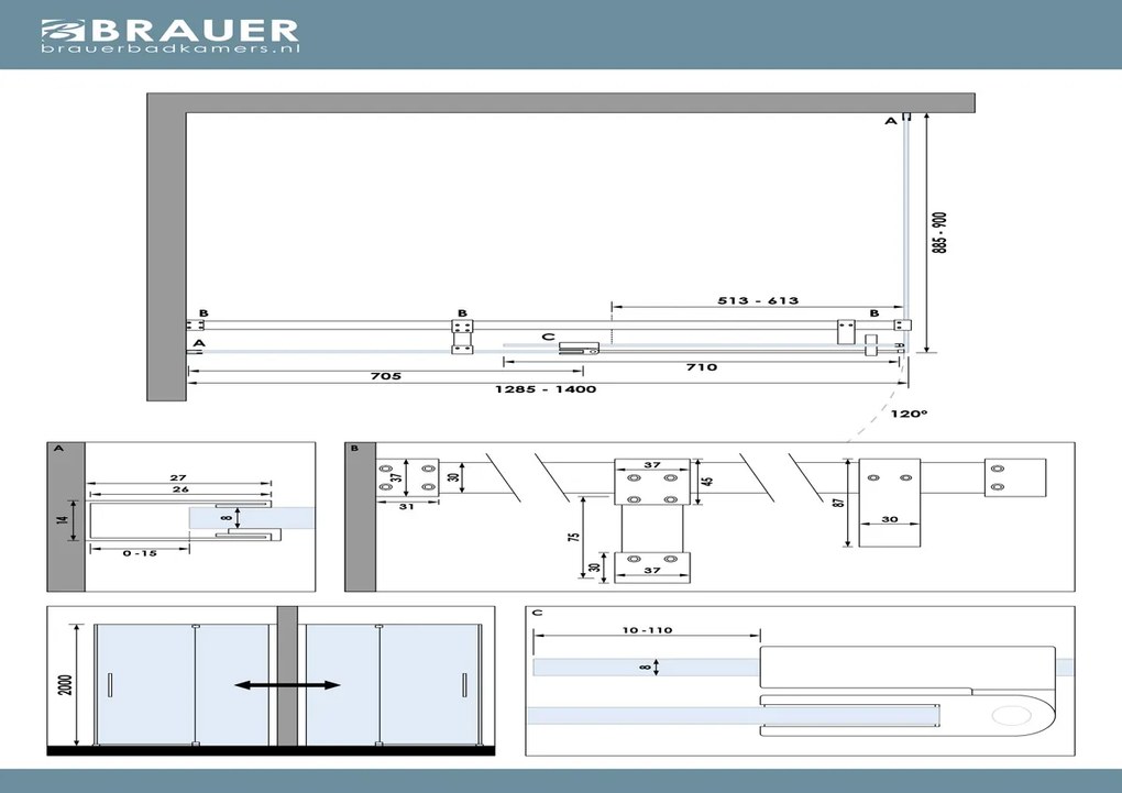 Brauer Stellar douchecabine met draaideur 140x90cm RVS geborsteld PVD
