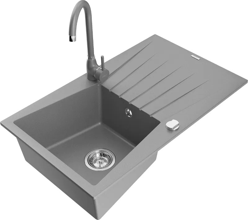 Mexen Cesar granieten spoelbak 1-baks met afdruiprek en keukenmengkraan Telma, grijs - 6514-71-670200-71
