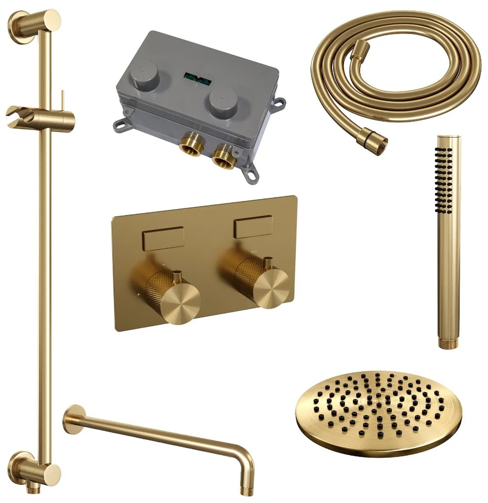 Brauer Gold Carving thermostatische inbouw regendouche met staafhanddouche, gebogen muurarm, glijstang en hoofddouche 20cm set 63 messing geborsteld PVD