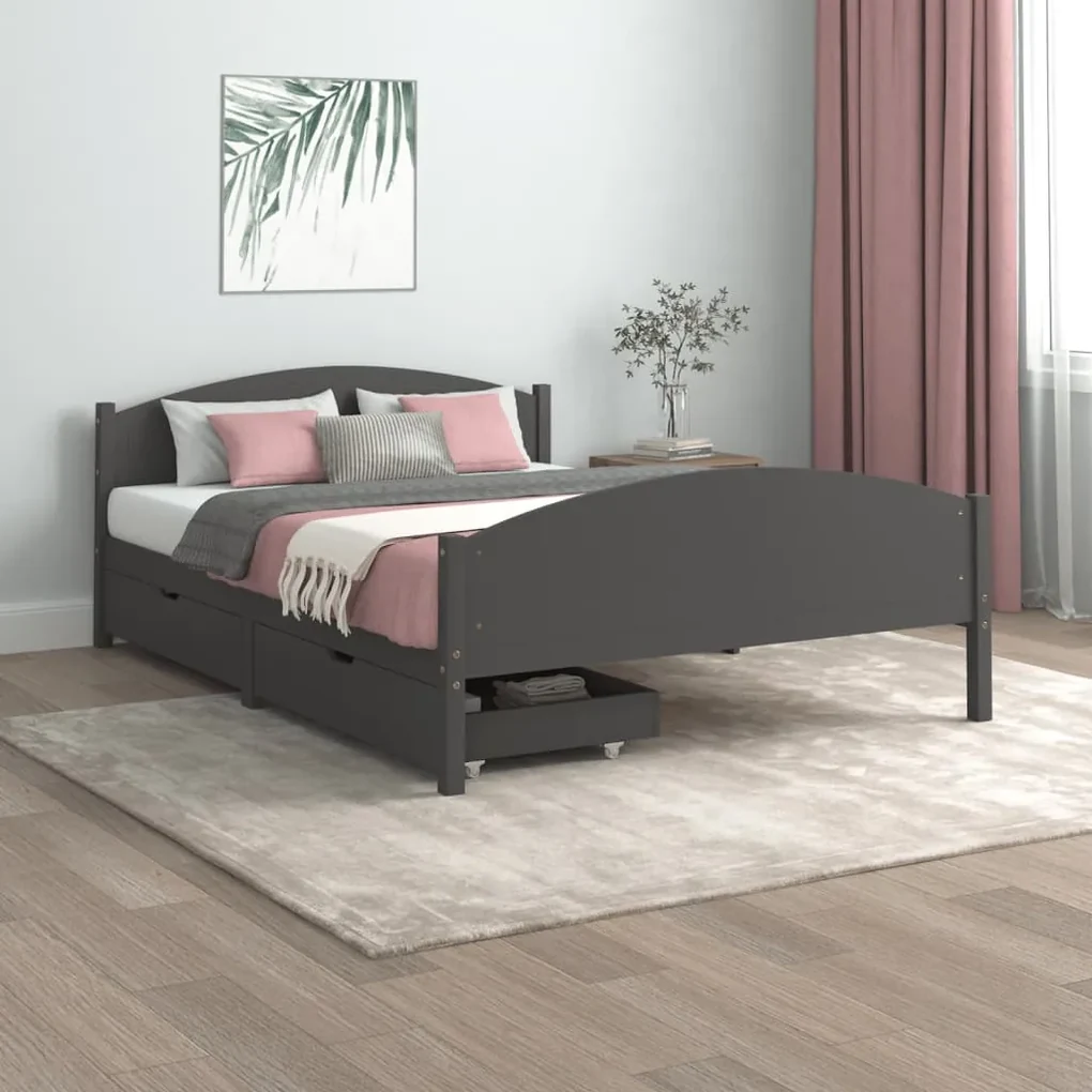 vidaXL Bedframe met 2 lades massief grenenhout donkergrijs 140x200 cm