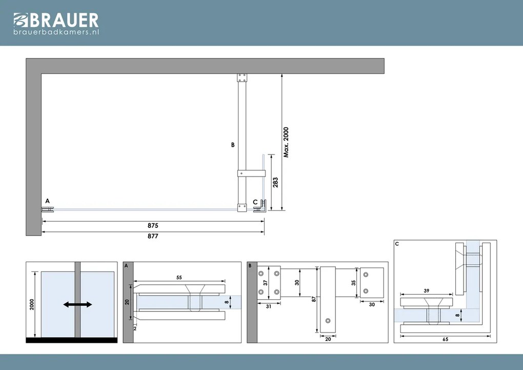 Brauer Void profielloze inloopdouche 90cm met 30cm zijwand zwart mat