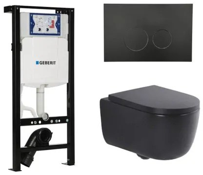 QeramiQ Dely Swirl Toiletset - 36.3x51.7cm - Inbouwreservoir met Geberit UP320 spoelmechanisme - 35mm zitting - mat zwarte metalen bedieningsplaat - ronde knoppen - mat zwart SW1381697/SW706192/SW1000769/SW1026258