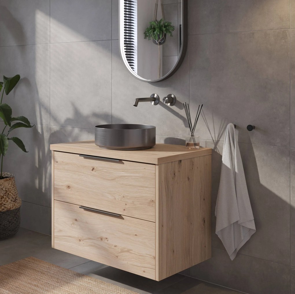 Saqu Lima badmeubel incl. afdekblad 80x51x62cm naturel eiken – geborsteld zwarte greep