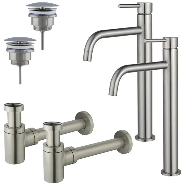 Fortifura Calvi Slim Wastafelkraanset - voor dubbele wastafel - verhoogde wastafelkraan - always open plug - verlaagde design sifon - Geborsteld RVS PVD (RVS) 2x SW377859/2x SW696207/2x SW696217