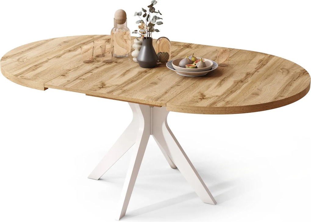 RENZO Wotan Eiken/witte poot - RONDE TAFEL Ø110 UITKLAPBAAR TOT 180 cm | VOOR DE KEUKEN EETKAMER WOONKAMER RETRO