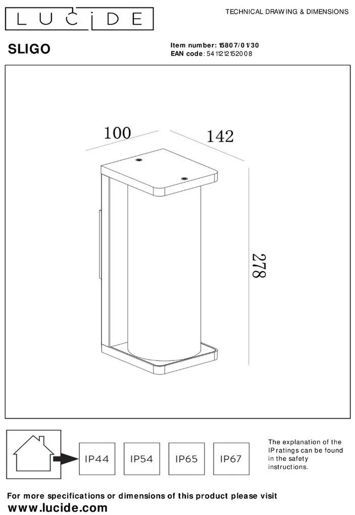 Lucide Sligo wandlamp 15W 28x14cm zwart