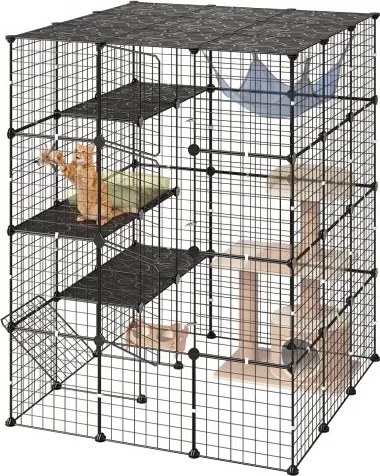 VEVOR Kattenkooi, 4 verdiepingen tellende kattenren, 104,1 x 104,1 x 139,7 cm, doe-het-zelf kattenren, afneembare metalen kooi met 4 deuren, ideaal voor 2-3 katten, kittens en kleine dieren, zwart