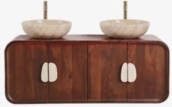 Dubbel Zwevend Badkamermeubelset 130x45 Cm Van Mangohout En Natuurlijke Kivalina-steen Travertijn - Donker Mangohout & 2 X Ronde Travertijn Ø40 -