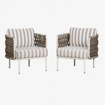 Set Van 2 Tuinstoelen Van Aluminium En Gevlochten Touw Tevary Gardenia Wit & Stoff Mokka Bruin - Wit Gardenia - Sklum