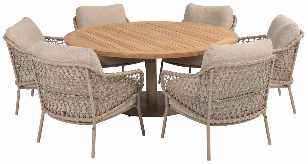 4 Seasons Outdoor Sardinia low dining set latte met Saba tafel latte met teak blad Ø 160 cm  Tuinset    beige weerbestendig