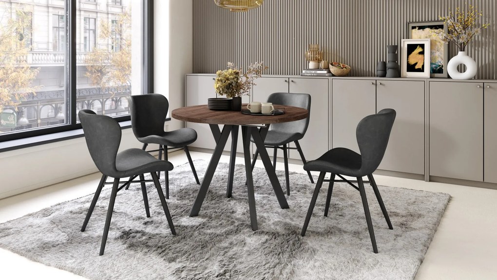 ALMO 100 Eiken Bruin/Zwarte poten - RONDE LOFT/INDUSTRIËLE TAFEL VOOR WOONKAMER/EETKAMER, UITSCHUIFBAAR