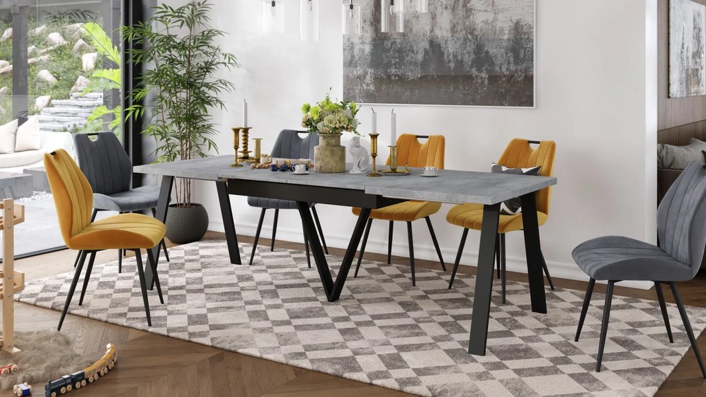 AVERY Beton Millenium/onderkant zwart - LOFT/INDUSTRIËLE TAFEL VOOR WOONKAMER/EETKAMER UITKLAPBAAR TOT 290 cm!