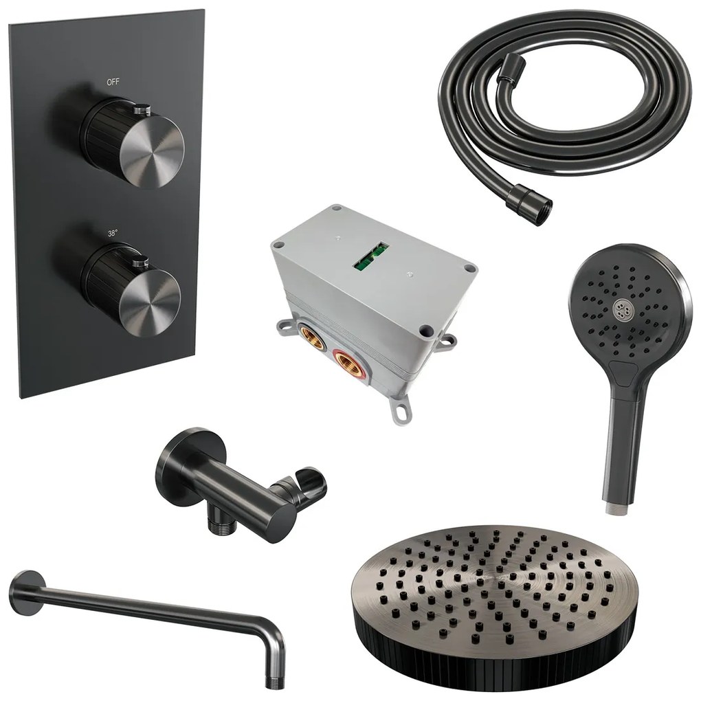 Brauer Stripe inbouw regendouche met 25cm hoofddouche, gebogen muurarm en 3 standen handdouche set 17 gunmetal geborsteld PVD
