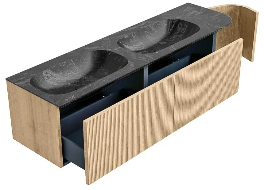 Mondiaz Kurve-dlux 165cm badmeubel ronding rechts oak met 2 lades en 1 deur en wastafel stor small dubbel/links 2 kraangaten lava