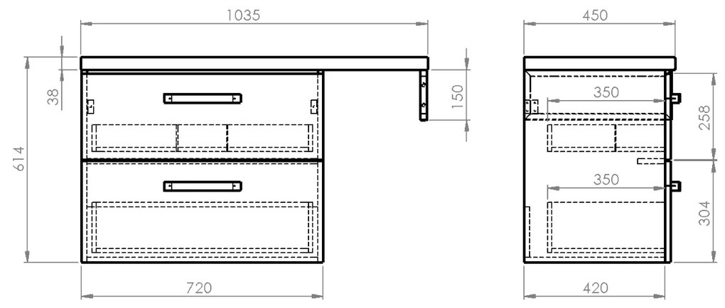 Aqualine Vega 103.5cm badkamermeubel met witte vierkante waskom links eiken