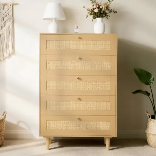 VEVOR Rattan Commode met 5 Laden, Metalen Handgrepen &amp; Houten Poten, Moderne Rattan Kast voor Slaapkamer, Woonkamer, Hal (70,2x40x106,5 cm) Kledingkast, Ladekast