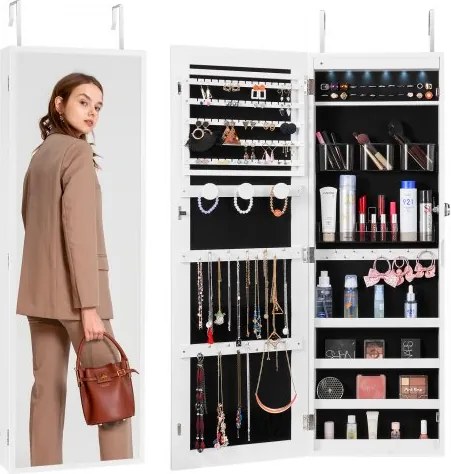 VEVOR afsluitbare sieradenkast, spiegelkast, 108 cm hoog, sieradenopbergruimte met lange spiegel, sieradenspiegelorganizer met led-binnenverlichting en fluwelen voering, wit