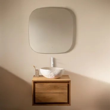 Jabari Zwevend Badkamermeubelset Van Teakhout Teakhout & Onregelmatige In Wit Cement ↔︎40 Cm Fedro & Vierkant Led En Anticondens 75x75 - Sklum