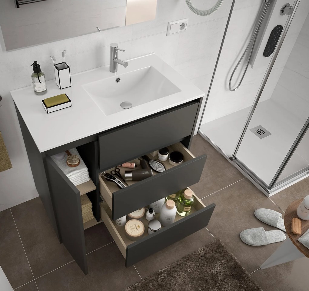 Muebles Rise asymmetrisch staand badmeubel 85cm mat grijs rechts