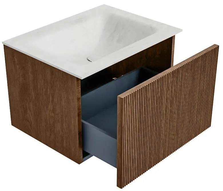 Mondiaz Kurve-dlux 60cm badmeubel walnut met 1 lade en wastafel cloud midden 1 kraangat opalo