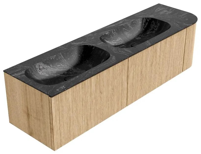 Mondiaz Kurve-dlux 165cm badmeubel ronding rechts oak met 2 lades en 1 deur en wastafel stor small dubbel/links 2 kraangaten lava