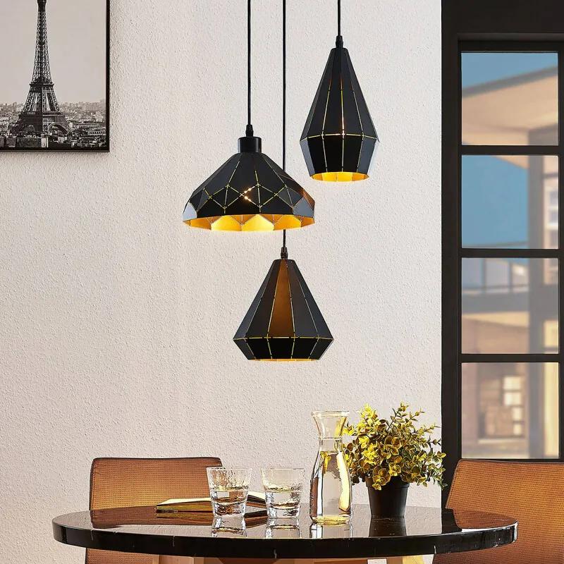 Hanglamp Kylian, zwart-goud, 3 lampjes - lampen-24