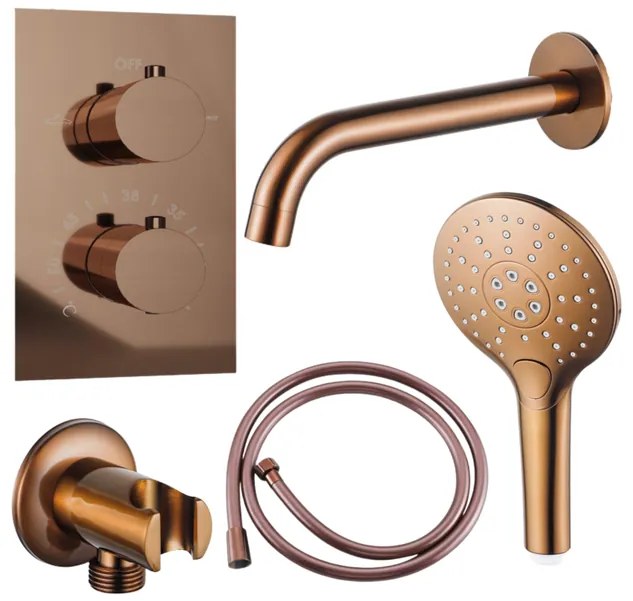 Fortifura Calvi Badkraan set - uitloop - 22cm inkortbaar - gladde slang - ronde handdouche - inbouwdeel - wandhouder - geborsteld koper PVD SW799407/SW970045/SW970047/SW1122515/SW1159496