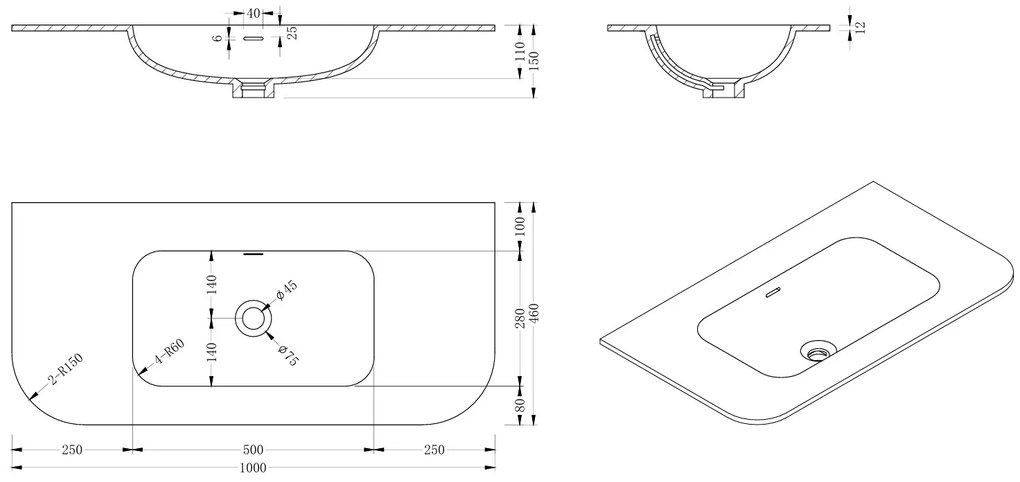 Lambini Designs Eleganza rond badmeubel 100cm acacia met ribbelfront en wastafel zonder kraangat