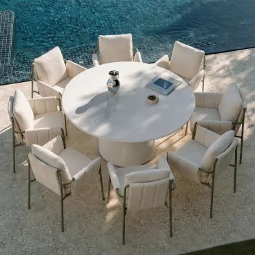 Ronde Tafelset Ø150 Cm In Cement Numira En 8 Tuinstoelen Met Armleuningen, Gestoffeerd En Van Zunika-staal Groen – Intens Olijf - Sklum