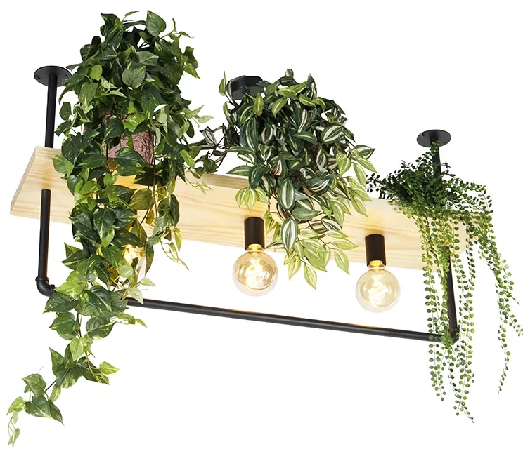 Industriële plafondlamp zwart met hout 3-lichts - Shelf Industriele / Industrie / Industrial E27 Binnenverlichting Lamp