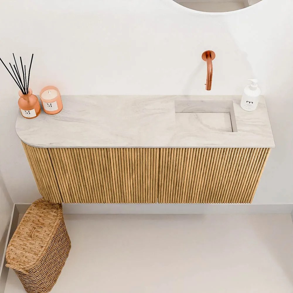 Mondiaz Joya DLux 90cm toiletmeubel ronding links oak met wastafel faye rechts zonder kraangat ostra