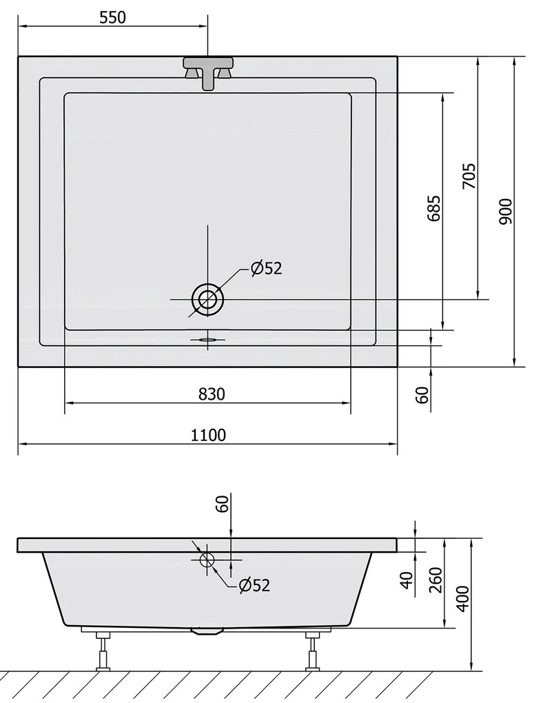 Polysan Deep rechthoekige douchebak met steun 110x90x26cm wit