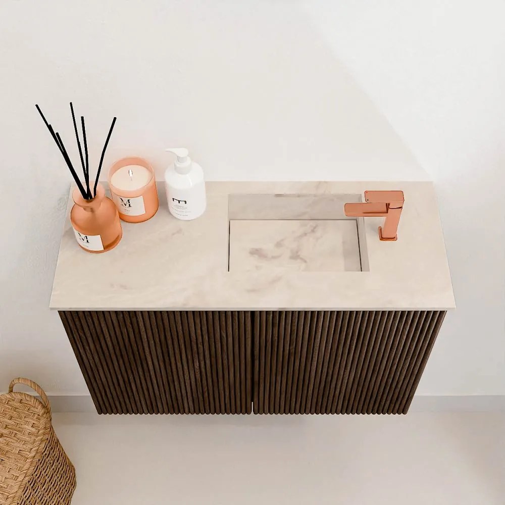 Mondiaz Joya DLux 60cm toiletmeubel walnut met wastafel faye rechts 1 kraangat frappe