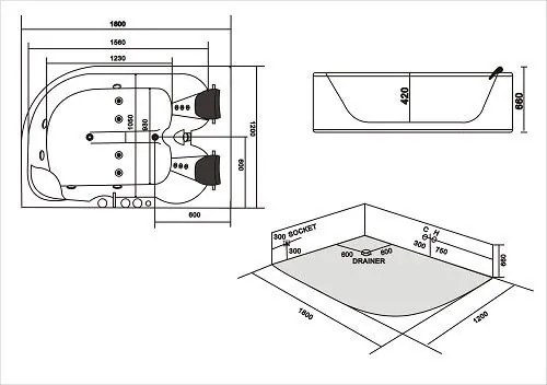 Plazan Carmen whirlpool met heater 180x120cm rechts