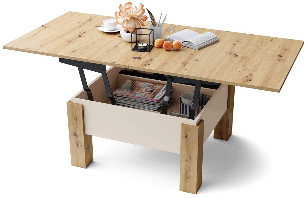 Mazzoni OSLO eiken artisan / beige, uitklapbare salontafel met in hoogte verstelbaar blad