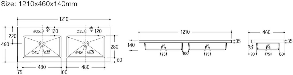 Comad Spirit keramische dubbele wastafel 121x46cm wit glans