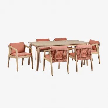 Rechthoekige Eettafelset 180x90 Cm Met 6 Tuinstoelen Van Acaciahout En Gevlochten Touw Kaela Lichte Acaciekleur & Stof Rode Dakpan - Sklum