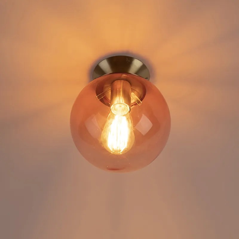 Art deco plafondlamp messing met roze glas - Pallon