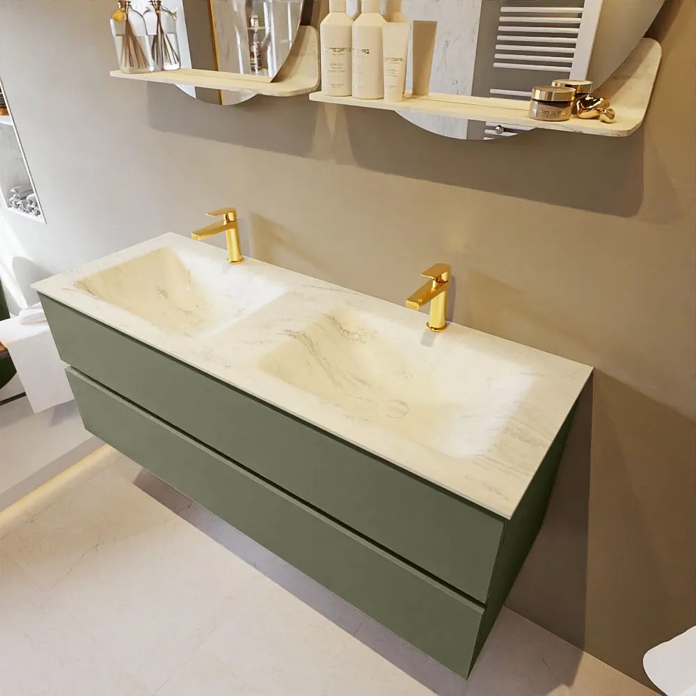 Mondiaz Vica DLux badmeubel 130cm army 2 lades met wastafel opalo dubbel 2 kraangaten