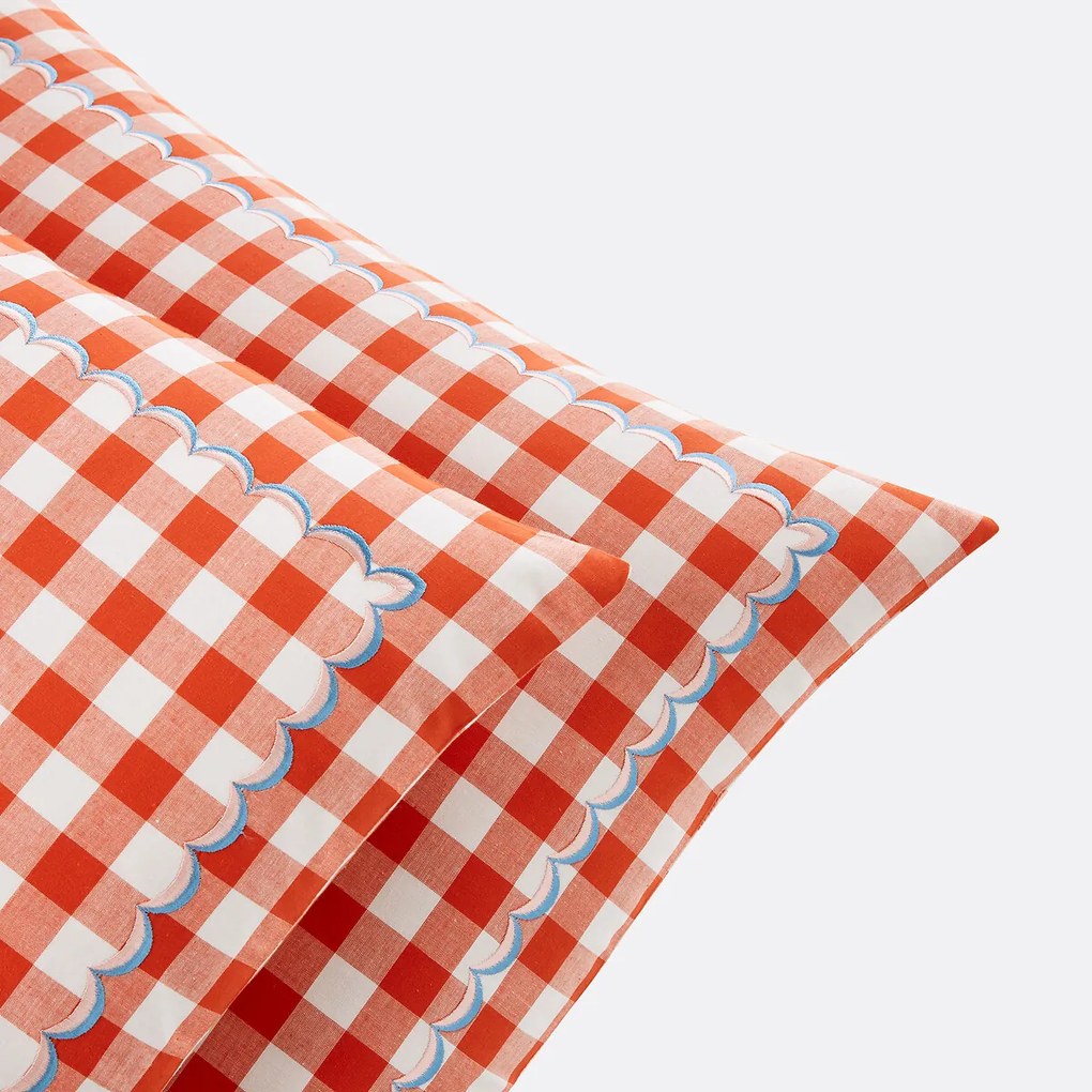 Geborduurde katoenen kussensloop met vichy-motief, Veldi oranje