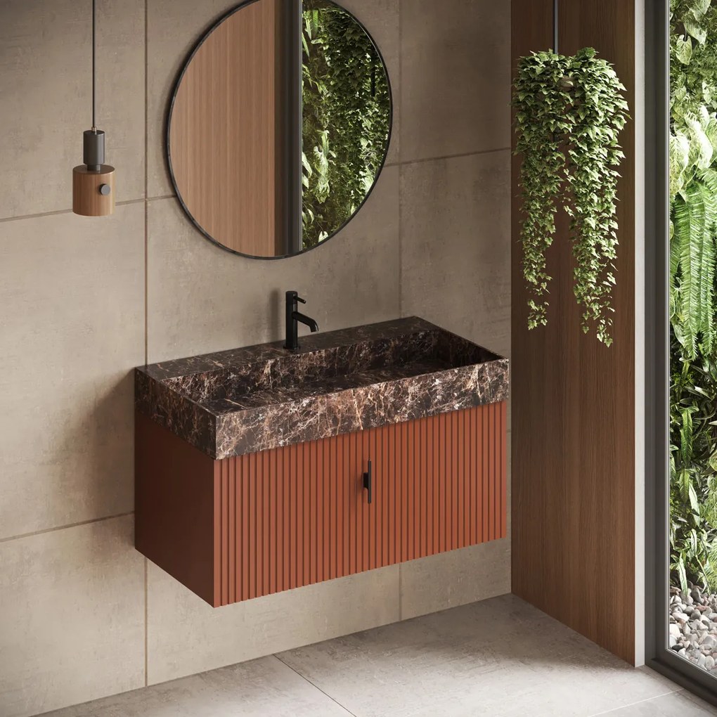 Muebles Zahora badmeubel ribbelfront 100cm terracotta met Dark Emperador wastafel met kraangat