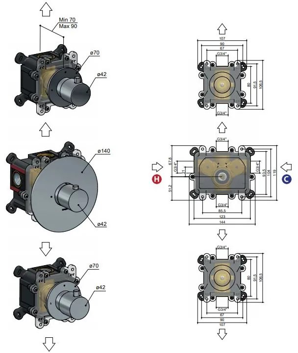 Hotbath Cobber Afbouwdeel thermostaat met twee stopkranen Geborsteld Nikkel B007