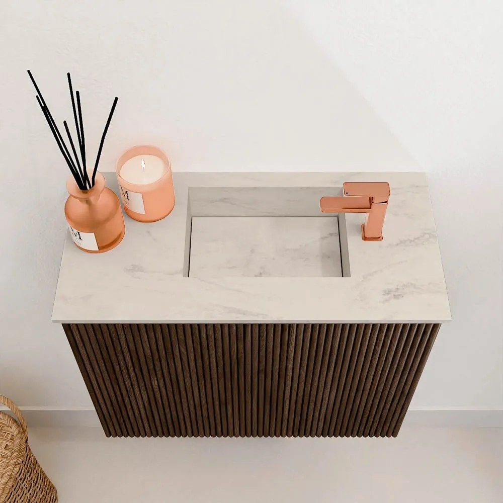 Mondiaz Joya DLux 50cm toiletmeubel walnut met wastafel faye rechts 1 kraangat opalo
