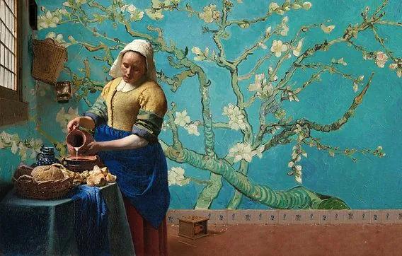 Melkmeisje van Vermeer met Amandel bloesem behang van Gogh - Poster - 40x25