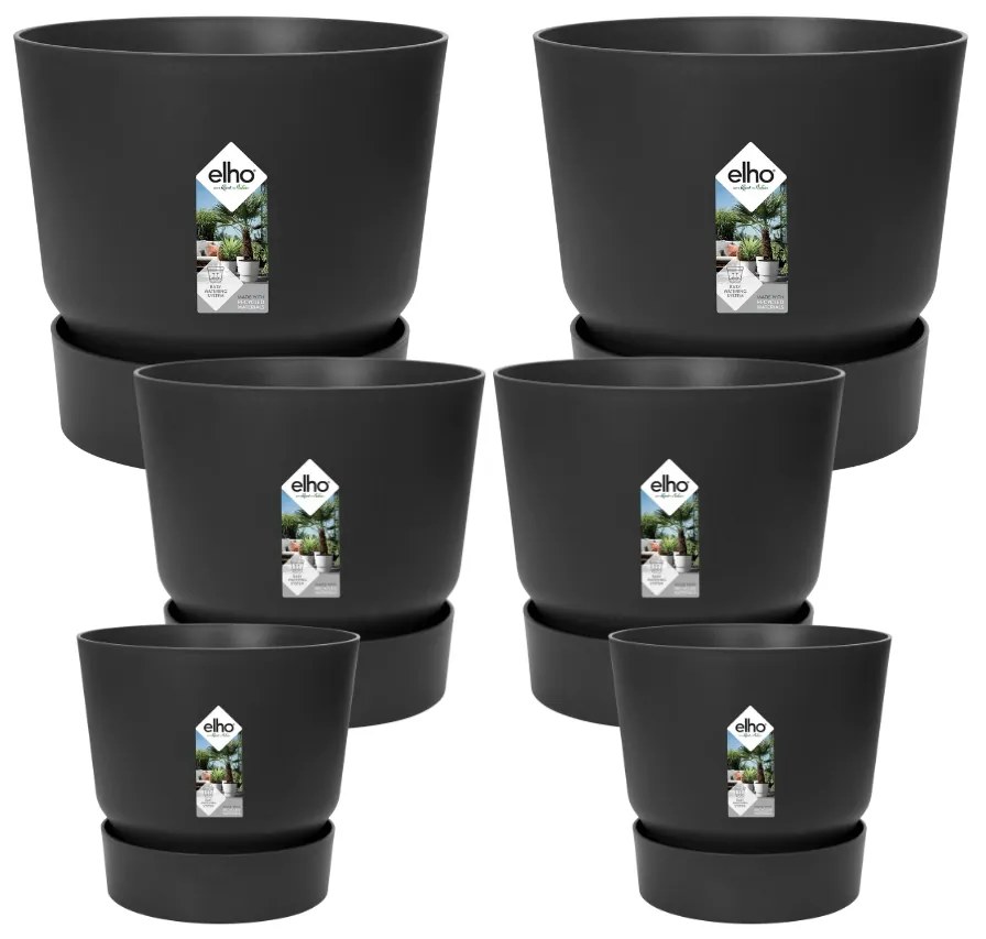 5x Pot elho Greenville zwart (2x D30xH28, 1x D24xH23, 2x D14xH13)