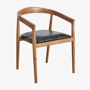 Set Van 4 Eetkamerstoelen Met Armleuningen Van Teakhout En Visby-leer Zwart - Sklum