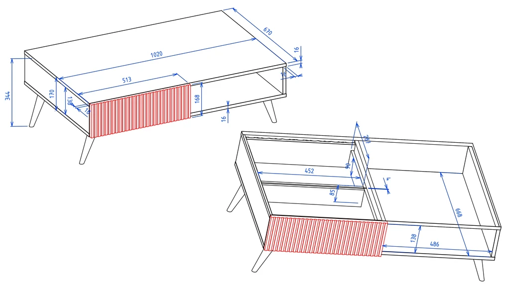 Salontafel BARCELLONI 2S Wit mat/gouden poten - TAFEL MET LADEN EN GERIBBELDE VOORPANELEN